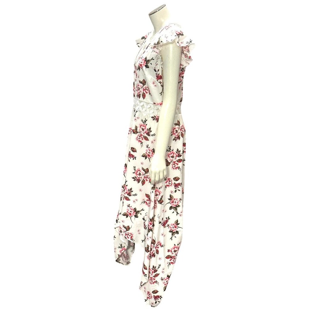 Cupshe Size L Ivory Pink Floral Lace Waist High Low Handkerchief Midi Dress Boho - Picture 3 of 11